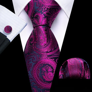 Blue Purple Paisley Silk Men's Necktie Pocket Square Cufflinks Set