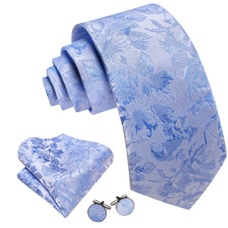 New Royal Blue Floral Silk Men's Necktie Pocket Square Cufflinks Set