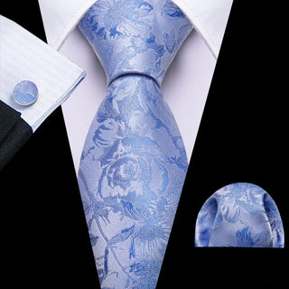 New Royal Blue Floral Silk Men's Necktie Pocket Square Cufflinks Set