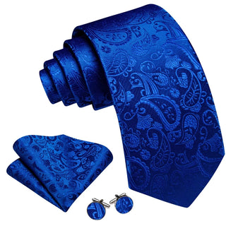 New Royal Blue Paisley Silk Men's Necktie Pocket Square Cufflinks Set