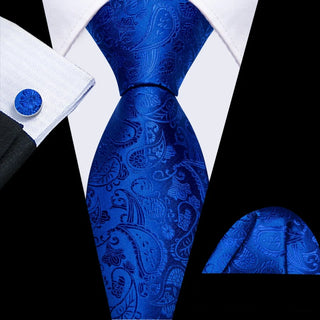New Royal Blue Paisley Silk Men's Necktie Pocket Square Cufflinks Set