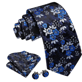 New Blue Silver Floral Silk Men's Necktie Pocket Square Cufflinks Set