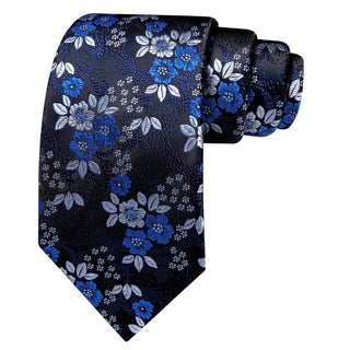 New Blue Silver Floral Silk Men's Necktie Pocket Square Cufflinks Set