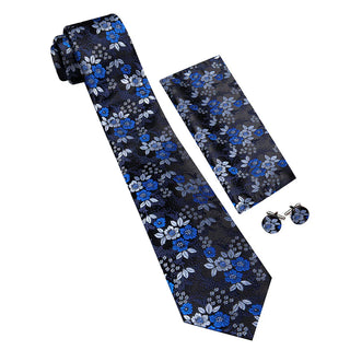 New Blue Silver Floral Silk Men's Necktie Pocket Square Cufflinks Set