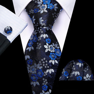 New Blue Silver Floral Silk Men's Necktie Pocket Square Cufflinks Set