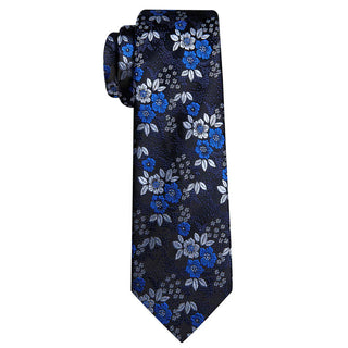 New Blue Silver Floral Silk Men's Necktie Pocket Square Cufflinks Set