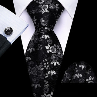 New Black Silver Floral Silk Men's Necktie Pocket Square Cufflinks Set