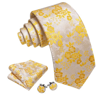 New Yellow Floral Silk Men's Necktie Pocket Square Cufflinks Set