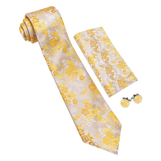 New Yellow Floral Silk Men's Necktie Pocket Square Cufflinks Set