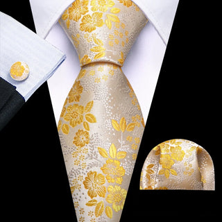 New Yellow Floral Silk Men's Necktie Pocket Square Cufflinks Set