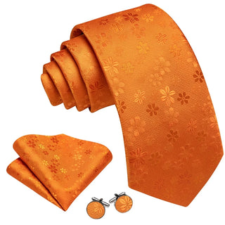 Orange Floral Silk Men's Necktie Pocket Square Cufflinks Set