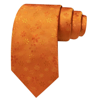 Orange Floral Silk Men's Necktie Pocket Square Cufflinks Set