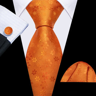 Orange Floral Silk Men's Necktie Pocket Square Cufflinks Set
