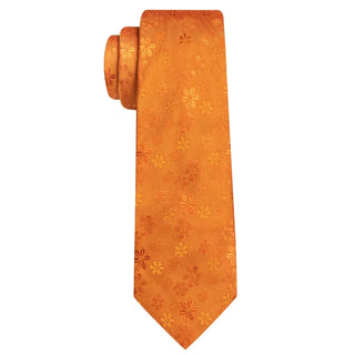 Orange Floral Silk Men's Necktie Pocket Square Cufflinks Set