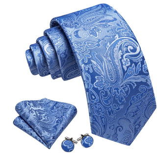 New Blue Paisley Silk Men's Necktie Pocket Square Cufflinks Set