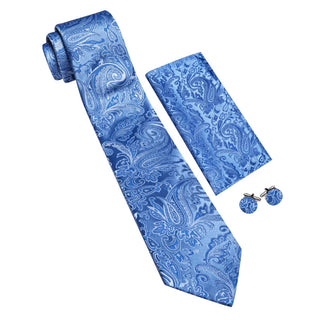 New Blue Paisley Silk Men's Necktie Pocket Square Cufflinks Set
