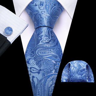 New Blue Paisley Silk Men's Necktie Pocket Square Cufflinks Set