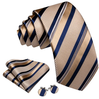 New Champagne Naby Blue Striped Silk Men's Necktie Pocket Square Cufflinks Set