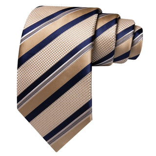 New Champagne Naby Blue Striped Silk Men's Necktie Pocket Square Cufflinks Set