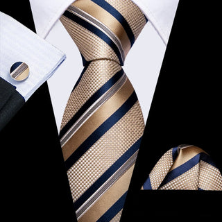 New Champagne Naby Blue Striped Silk Men's Necktie Pocket Square Cufflinks Set