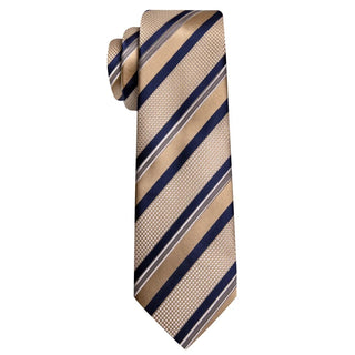 New Champagne Naby Blue Striped Silk Men's Necktie Pocket Square Cufflinks Set