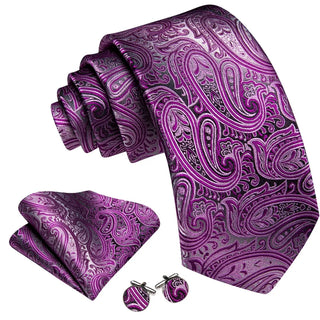 New Pink Grey Paisley Silk Men's Necktie Pocket Square Cufflinks Set