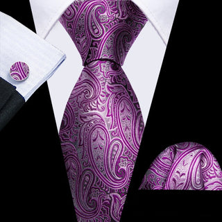 New Pink Grey Paisley Silk Men's Necktie Pocket Square Cufflinks Set