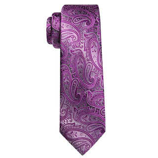 New Pink Grey Paisley Silk Men's Necktie Pocket Square Cufflinks Set