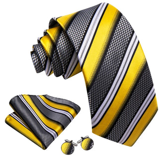 Yellow Black White Striped Silk Men's Necktie Pocket Square Cufflinks Set