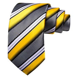 Yellow Black White Striped Silk Men's Necktie Pocket Square Cufflinks Set
