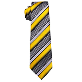 Yellow Black White Striped Silk Men's Necktie Pocket Square Cufflinks Set