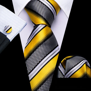 Yellow Black White Striped Silk Men's Necktie Pocket Square Cufflinks Set