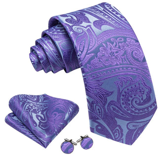 Purple Paisley Jacquard Silk Men's Necktie Pocket Square Cufflinks Set