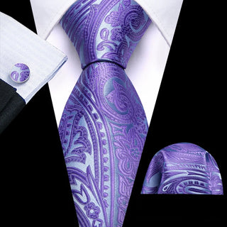 Purple Paisley Jacquard Silk Men's Necktie Pocket Square Cufflinks Set