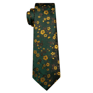 Dark Green Yellow Floral Silk Necktie Pocket Square Cufflinks Set
