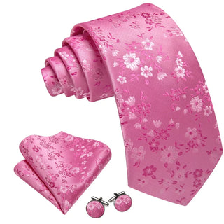 New Pink Floral Silk Men's Necktie Pocket Square Cufflinks Set