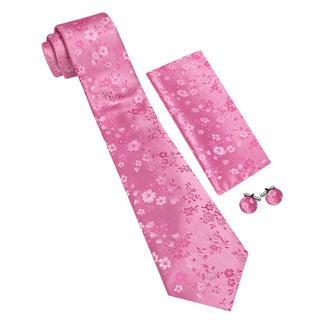 New Pink Floral Silk Men's Necktie Pocket Square Cufflinks Set