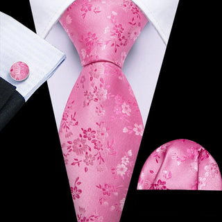 New Pink Floral Silk Men's Necktie Pocket Square Cufflinks Set