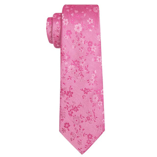 New Pink Floral Silk Men's Necktie Pocket Square Cufflinks Set