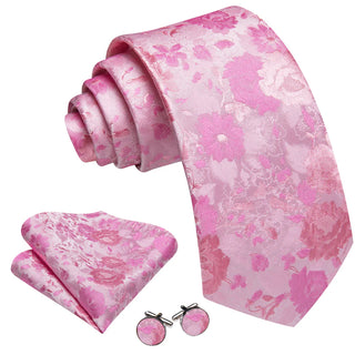 New Pink Floral Silk Men's Necktie Pocket Square Cufflinks Set