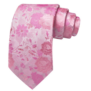 New Pink Floral Silk Men's Necktie Pocket Square Cufflinks Set