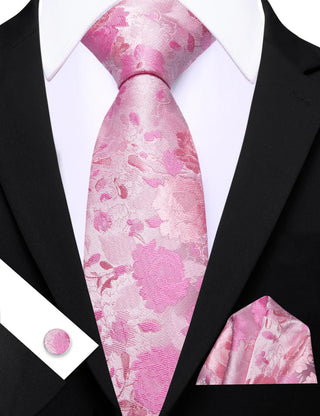 New Pink Floral Silk Men's Necktie Pocket Square Cufflinks Set