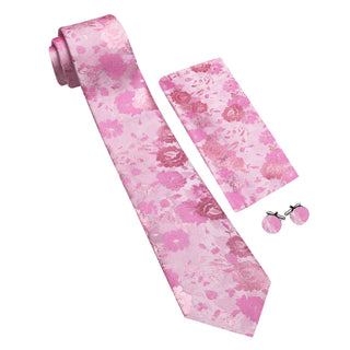 New Pink Floral Silk Men's Necktie Pocket Square Cufflinks Set