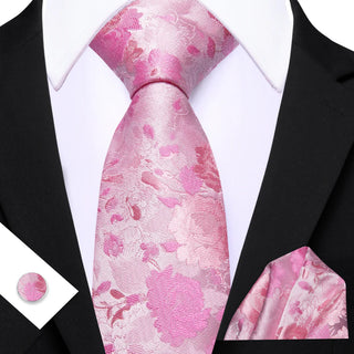 New Pink Floral Silk Men's Necktie Pocket Square Cufflinks Set