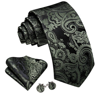 New Black Sage Green Paisley Silk Men's Necktie Pocket Square Cufflinks Set