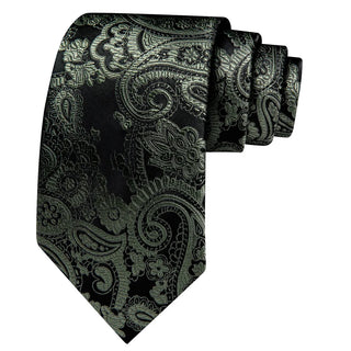 New Black Sage Green Paisley Silk Men's Necktie Pocket Square Cufflinks Set