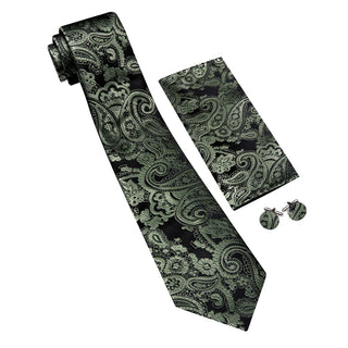 New Black Sage Green Paisley Silk Men's Necktie Pocket Square Cufflinks Set