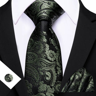 New Black Sage Green Paisley Silk Men's Necktie Pocket Square Cufflinks Set
