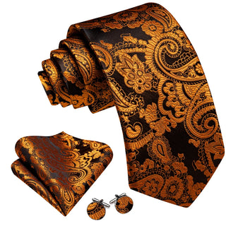 New Golden Black Paisley Silk Men's Necktie Pocket Square Cufflinks Set