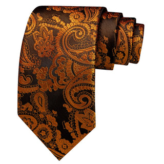 New Golden Black Paisley Silk Men's Necktie Pocket Square Cufflinks Set